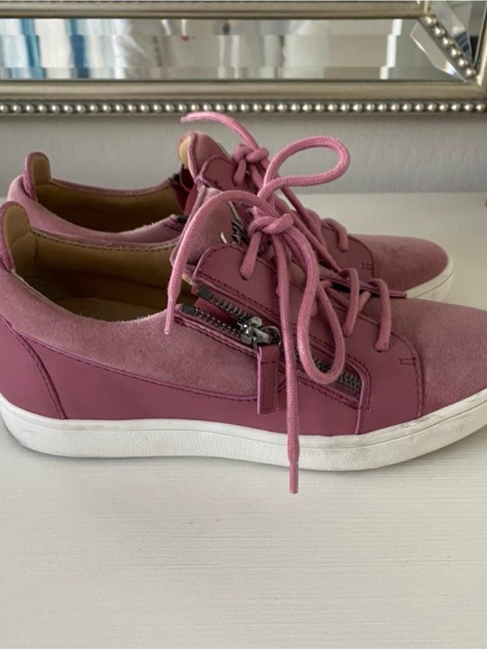 Giuseppe Zanotti Pink Suede & Leather Lace-Up Sneakers with Side Zipper
